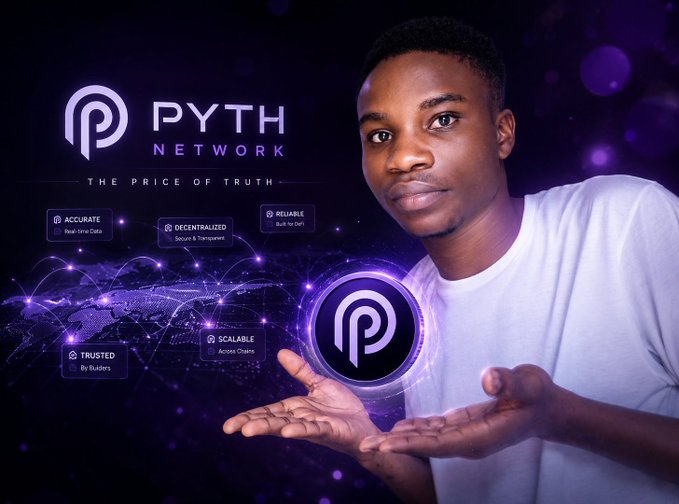 A man in a white t-shirt presents a glowing Pyth Network (PYTH) logo, surrounded by feature highlights such as "ACCURATE Real-time Data," "DECENTRALIZED Secure & Transparent," "RELIABLE Built to Last," "TRUSTED By Builders," and "SCALABLE Across Chains," set against a purple digital backdrop with the tagline "THE PRICE OF TRUTH." The image visually reinforces the post's theme of Pyth Network positioning itself as a trusted, real-time pricing infrastructure for institutional applications like Nasdaq and Kalshi.