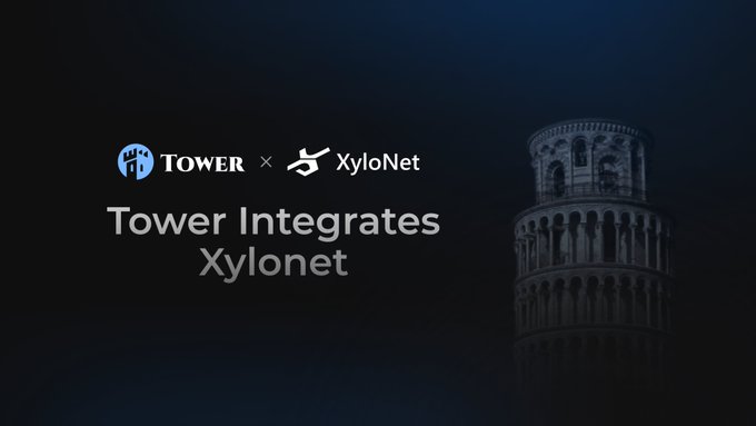 The image is a dark promotional graphic featuring the text "Tower Integrates Xylonet" alongside the Tower and XyloNet logos, set against a faded backdrop of the Leaning Tower of Pisa—visually reinforcing Tower Exchange's partnership with XyloNet DEX for routing liquidity through XyloNet's stablecoin-native super exchange on Arc at mainnet.