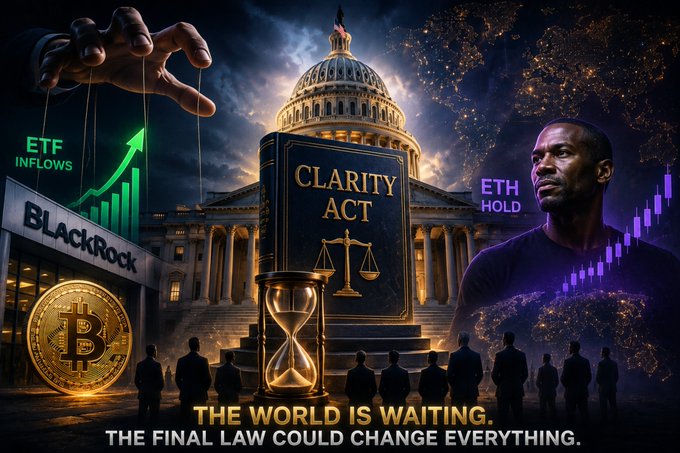 A dramatic illustration features a hand manipulating puppet strings above the U.S. Capitol dome, with a central "Clarity Act" book flanked by an "ETF Inflows/BlackRock" chart, a Bitcoin coin, an hourglass, and a man labeled "ETH HOLD," while shadowy figures gather below—visually reinforcing the post's claim that powerful actors like BlackRock are pulling strings to ensure the Clarity Act's passage. The tagline "THE WORLD IS WAITING. THE FINAL LAW COULD CHANGE EVERYTHING" underscores the high-stakes anticipation surrounding the legislation.