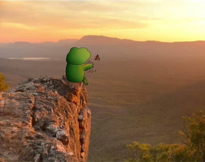 An animated green frog character with a small butterfly sits precariously on the edge of a rocky cliff overlooking a vast landscape at sunset.