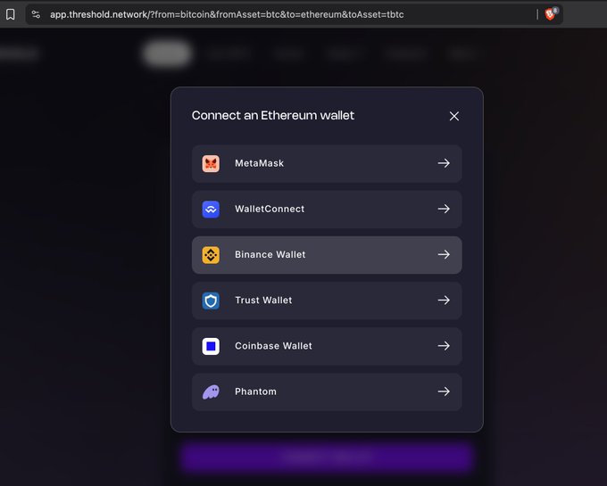 A screenshot of app.threshold.network showing a "Connect an Ethereum wallet" popup with options including MetaMask, WalletConnect, Binance Wallet, Trust Wallet, Coinbase Wallet, and Phantom.