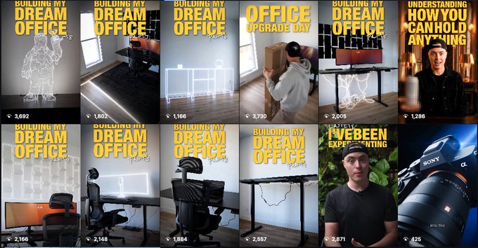 A grid of 12 Instagram thumbnails from the "Building My Dream Office" and "Office Upgrade Day" series features view counts ranging from 825 to 8,730, including the Doodles episode at 3,692 views, which the caption highlights as nearly overtaking the 3,730-view top post.