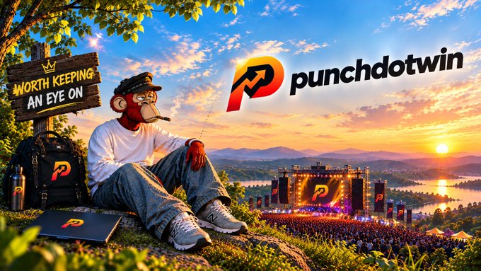 A promotional image for 'punchdotwin' features an AI-generated monkey smoking a cigar on a hillside, with a sign reading 'WORTH KEEPING AN EYE ON' and a music festival in the background.