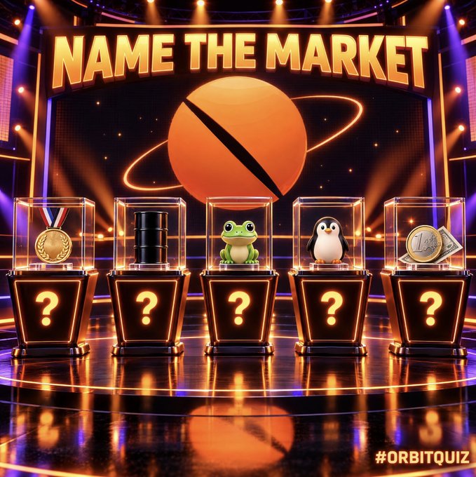 A brightly lit quiz-stage graphic reads “NAME THE MARKET” above five mystery pedestals displaying a gold medal, black barrels, a frog, a penguin, and cash, with “#ORBITQUIZ” in the lower-right corner. It promotes the accompanying Orbit giveaway to name five tradable markets for $50 and $SOL prizes.