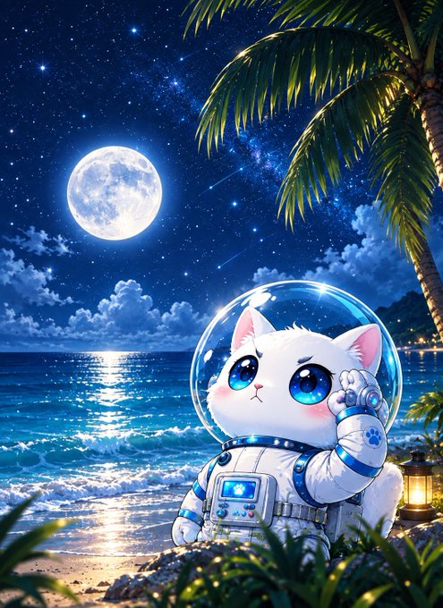 A digital illustration of an adorable white cat astronaut in a space helmet on a tropical beach at night, with a full moon, stars, and palm trees in the background.