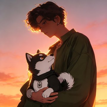 A young man with dark curly hair and an earring cradles a black and white shiba inu dog at sunset, with the dog wearing a collar featuring a pendant. The image appears to be an anime-style profile picture generated for a community member, fitting the post's theme of creating custom avatars for holders.