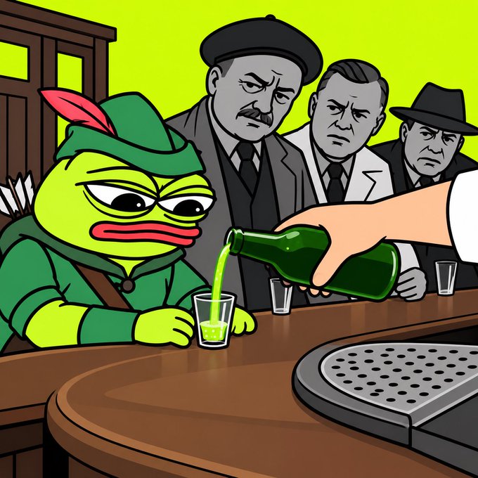 A cartoon illustration shows the Pepe the Frog character at a bar being served a green drink, while stern men in suits watch in the background.