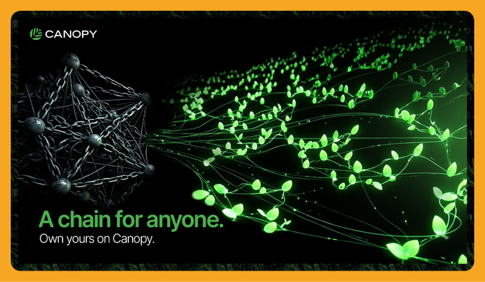 A Canopy promotional graphic featuring green glowing vines and leaves alongside a dark web-like structure, with the tagline 'A chain for anyone. Own yours on Canopy.'