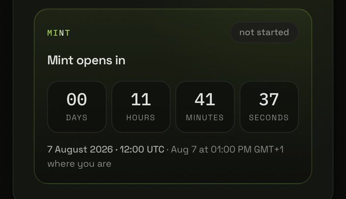 A countdown timer shows the MINT opens in 00 days, 11 hours, 41 minutes, and 37 seconds, scheduled for August 7, 2026 at 12:00 UTC—approximately 11 hours away, matching the poster's announcement that the $ROBINETCH token mint on Robinhood's v4 hooks protocol is imminent.