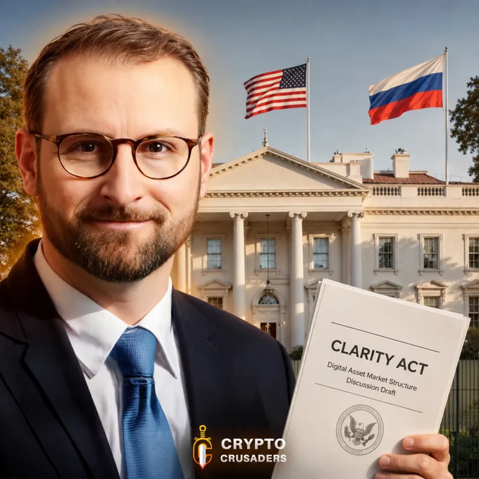 White House crypto adviser Patrick Witt holds up a "CLARITY Act – Digital Asset Market Structure Discussion Draft" in front of the White House flanked by U.S. and Russian flags, visually underscoring his frustration that Russia is moving forward with crypto legislation while the U.S. CLARITY Act, including its $XRP provisions, remains stalled.