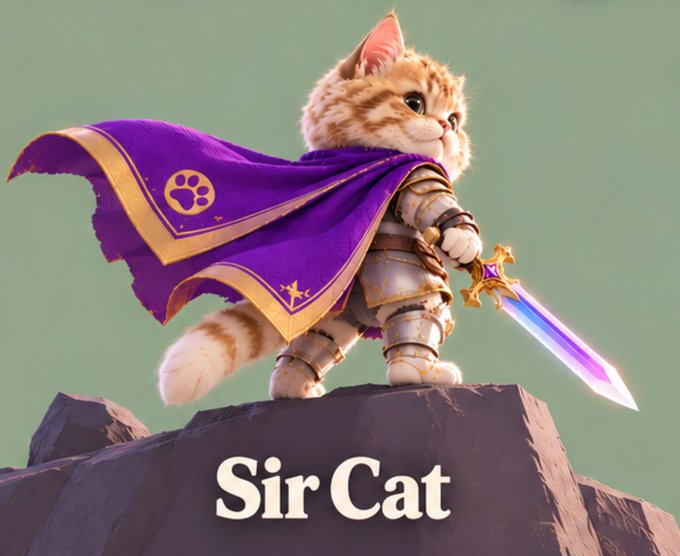A digital illustration of an orange tabby kitten dressed in knight's armor and a purple cape, wielding a glowing sword, labeled 'Sir Cat'.
