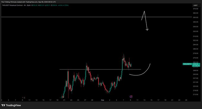 A TradingView chart of TAO/USDT Perpetual Contract (4h timeframe) shows a recent breakout above a key resistance level around $253, with annotations indicating a forming rounded bottom pattern and a projected move up toward a $340 horizontal resistance target.