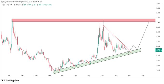 A TradingView candlestick chart of NEAR/TetherUS on Binance (daily timeframe) shows price trading around $1.85, with a red resistance zone near $3.00 and a rising green support channel forming a wedge/triangle pattern, aligning with the post's message to "trust the process" as NEAR approaches a potential breakout decision point.
