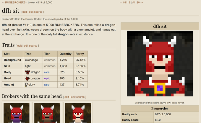The image shows a wiki-style profile page for Broker #4119 "dfh sit," one of 5,000 RUNEBROKERS NFT, which is highlighted as one of the rare brokers with a complete **dragon** head and body set (only one full dragon set exists, with dragon body at 6.50% rarity and dragon head at 2.10% rarity). This directly supports the post's mention of trying to mint a complete dragon set and hunting rare brokers out of the vault.