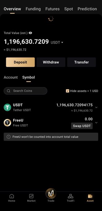 The image shows a cryptocurrency portfolio overview screen displaying a total value of 1,196,630.72 USDT, with holdings in Tether USDT (1,196,630.72094175) and Free USD (0.00). This aligns with the post's progress update showing growth from $1 million to $1.2 million over two weeks.