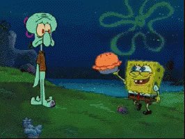An image of a Spongebob Squarepants cartoon character holding an orange slice up against a backdrop of another cartoon character, a blue fish swimming around them with greenish lines forming bubbles behind its head.