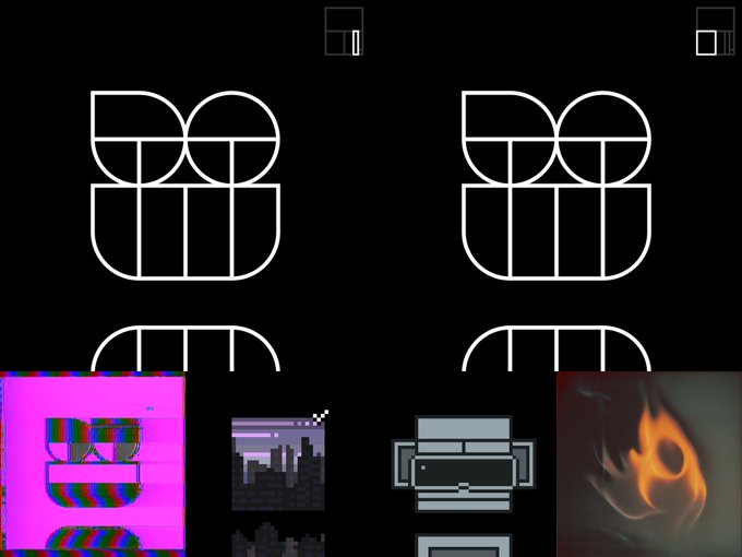 Black background featuring white geometric line-art logo designs and smaller pixel art and icon images at the bottom.