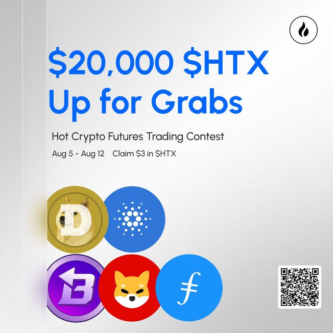 A promotional graphic advertises a '$20,000 $HTX Up for Grabs' Hot Crypto Futures Trading Contest from Aug 5 to Aug 12, featuring Dogecoin, Cardano, Bitcoin, Shiba Inu, and FTX token logos with a QR code.