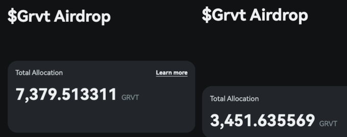 The image shows two "GRVT Airdrop" notifications, one with a total allocation of 7,379.513311 GRVT and another with 3,451.635569 GRVT, totaling 10,831.14888 GRVT. This visually represents the $GRVT airdrop mentioned in the post.
