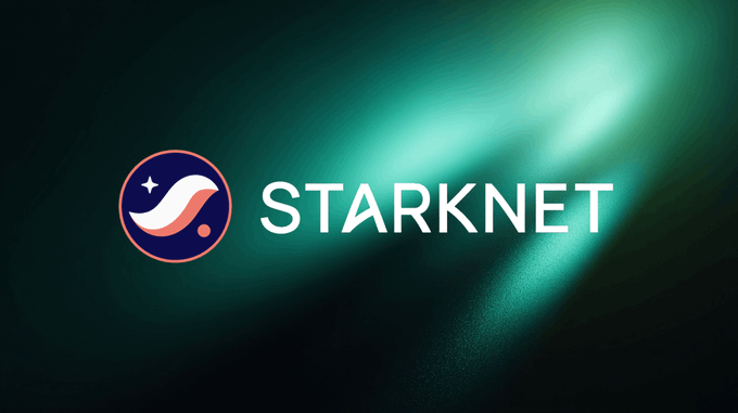 The Starknet logo featuring a stylized wave in a circle next to the text "STARKNET" on a dark green background with light beams.
