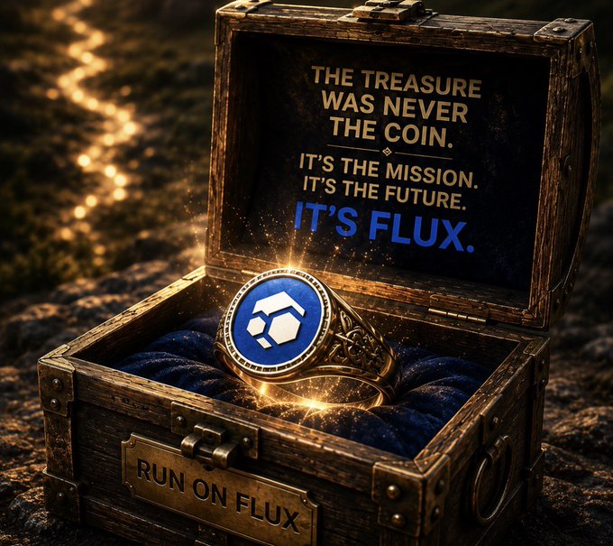 The image features a wooden chest with a gold lock, containing a ring inside of it. A quote about running "on fleek" can be seen next to the chest. The text in the image reads "The treasure was never the coin. It's the mission. It's the future. Run on fleek". This quote is related to the chest and its contents as they are described as a "treasure chest", which implies that it contains valuable items, such as the ring inside of it. The phrase "run on fleek" suggests that there might be some sort of challenge or obstacle ahead for those who find the chest, possibly involving puzzles or riddles to solve in order to access its contents.
