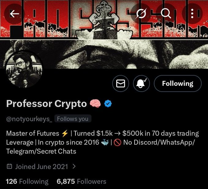 The image features a Twitter post from a user named ProfCrypto. The post includes a list of achievements related to cryptocurrency trading, such as reaching 10k followers within 2 days and breaking the $BTC algorithm. The post also mentions that there are 110+ARMIES between yesterday and today.