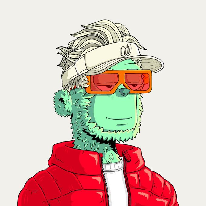 Illustration of a green sloth-like character wearing a white 'W' visor, orange sunglasses, and a red puffer jacket.