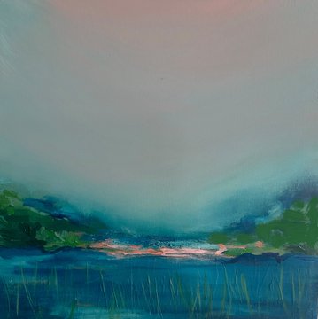 A painted landscape depicts a serene body of water surrounded by dark green hills or trees under a pink and blue twilight sky.