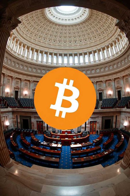 A Bitcoin logo is overlaid on the interior of a congressional chamber, visually linking the cryptocurrency to the House Committee on Financial Services' field hearing on the CLARITY Act, legislation aimed at providing regulatory clarity for digital assets.