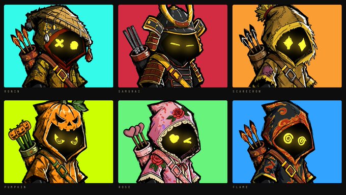 The image showcases a 2x3 grid of six hooded, glowing-eyed character designs labeled "ROBIN," "SAMURAI," "SCARECROW," "PUMPKIN," "ROSE," and "FLAME," each with a quiver of arrows on their back and set against vibrant solid-colored backgrounds (cyan, red, orange, lime green, green, and blue respectively).

The post indicates these are avatars from @hoojafun, a project by Vora Labs (@VoraXYZ), a creative studio that owns the IP for their characters, comics, animation, and game development, including Fortnite maps featured by Epic Games.