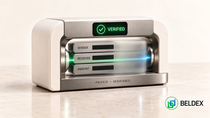 A promotional graphic for BELDEX showing a futuristic verification device displaying 'VERIFIED' with sender, receiver, and amount fields labeled 'PRIVATE • VERIFIABLE'.