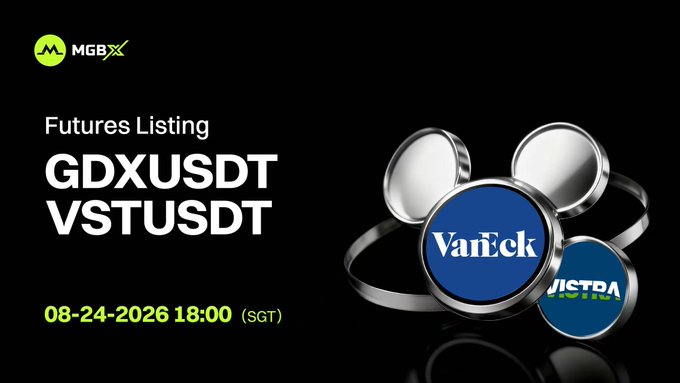 MGBX announces new perpetual futures listings for GDXUSDT (VanEck) and VSTUSDT (Vistra), with trading opening on August 24, 2026, at 18:00 SGT, displayed alongside silver ring tokens featuring the respective company logos.