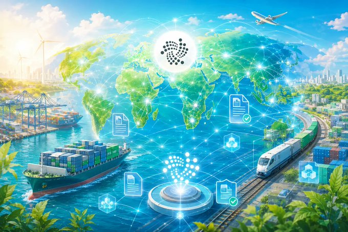 A digital illustration of a global logistics network featuring a world map, cargo ships, trains, planes, wind turbines, and blockchain document icons.