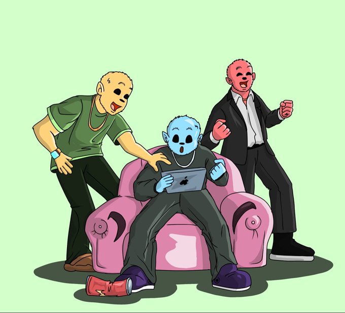 A cartoon illustration shows three figures in masks—one in green, one blue holding a tablet on a pink armchair, and one in a suit—gathered together against a green background.