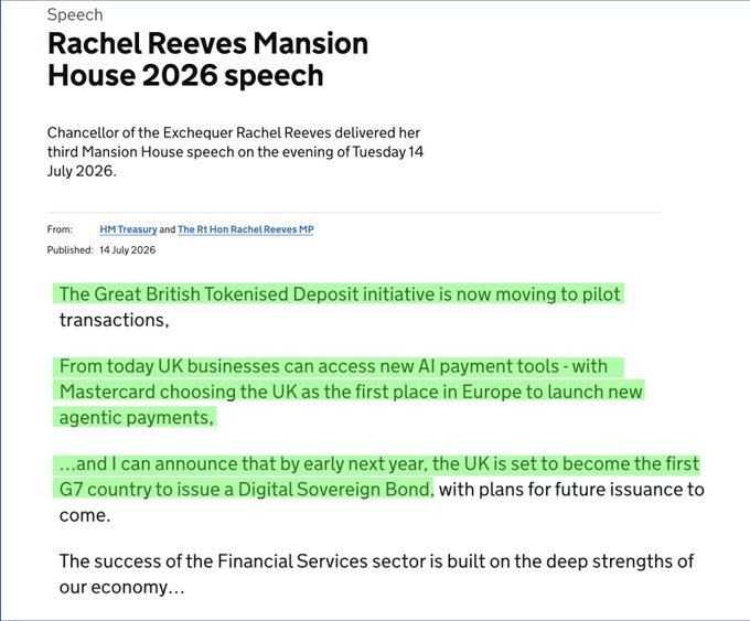 A screenshot of HM Treasury's webpage showing Chancellor Rachel Reeves' 2026 Mansion House speech, with highlighted excerpts announcing the Great British Tokenised Deposit (GBTD) initiative moving to pilot transactions, UK businesses gaining access to new AI payment tools through Mastercard's agentic payments launch, and the UK becoming the first G7 country to issue a Digital Sovereign Bond. The highlighted text directly supports the post's claim about the GBTD advancing beyond tests and the UK's pioneering role in Digital Bonds, with the poster connecting both initiatives to Overledger/Quant ($QNT).