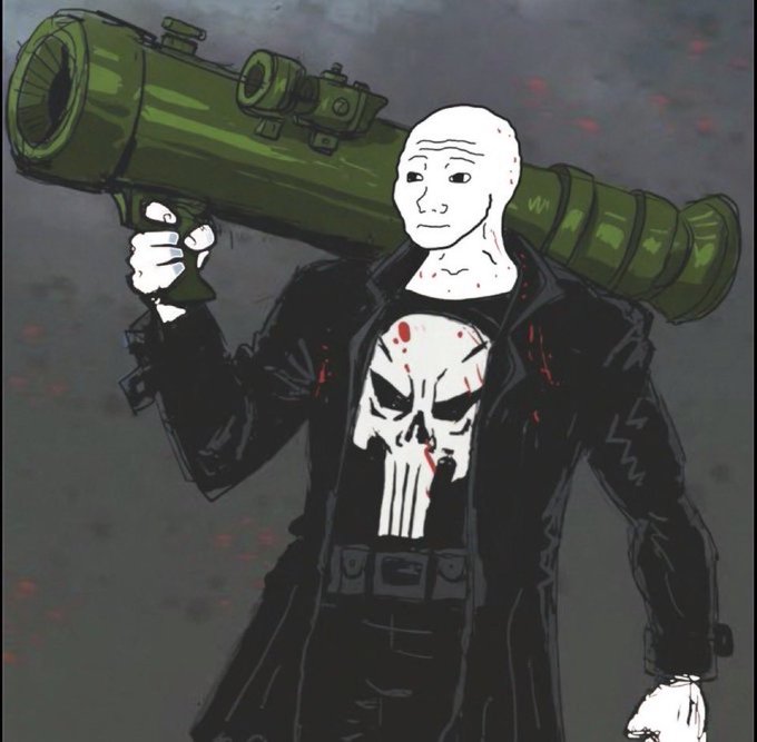 An illustrated character wearing a black coat with a Punisher skull logo on the shirt carries a large green rocket launcher over his shoulder against a dark, red-speckled background.