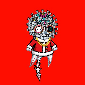 A skeletal zombie character in a Santa Claus outfit with a gray, virus-like head featuring colorful protrusions and a fish-eye lens for one eye, set against a solid red background. The image promotes a "BOGO deal" for the Re-Animated Dead NFT collection on OpenSea, with the undead Santa theme reflecting the collection's dark, holiday-themed zombie aesthetic used to advertise their limited-time birthday sale for "Poison's Bday."