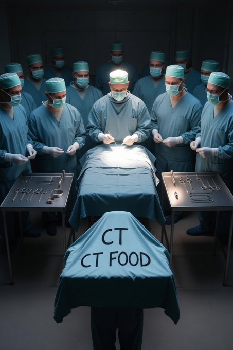 A dimly lit operating room scene with multiple surgeons in scrubs surrounding a patient, with 'CT CT FOOD' written on a cloth in the foreground.