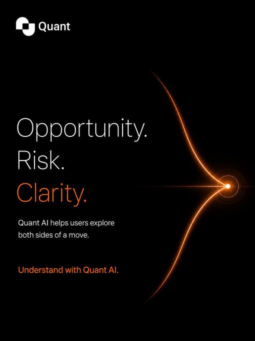 The image is a promotional graphic for "Quant AI" featuring a sleek black background with glowing orange curved lines converging into a bright focal point. Key text reads: "Opportunity. Risk. Clarity." and "Quant AI helps users explore both sides of a move," along with the call-to-action "Understand with Quant AI."

The image relates to the post by visually reinforcing the idea that crypto opportunities require careful analysis of both upside potential and downside risk—mirroring the post's message about questioning whether trending tokens have real momentum before investing.