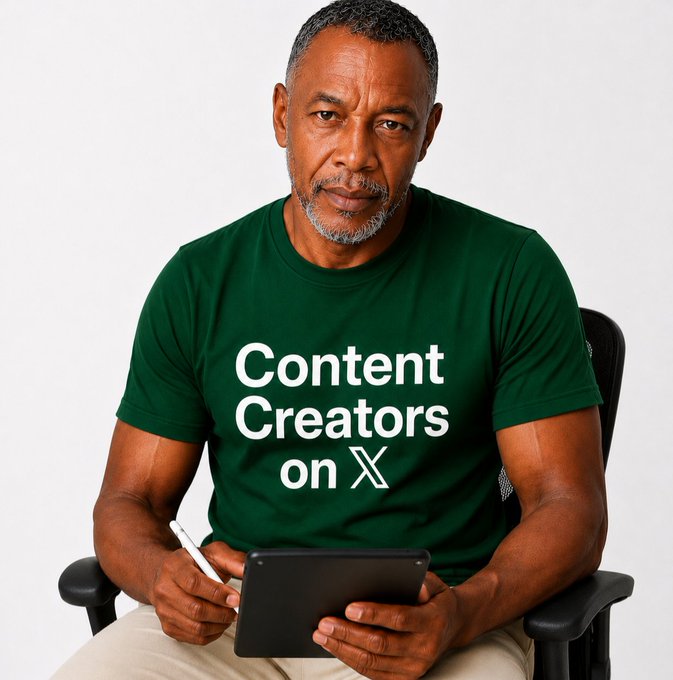 A middle-aged man with a gray beard sits in a black chair holding a tablet and stylus, wearing a green t-shirt that reads 'Content Creators on X' against a white background.