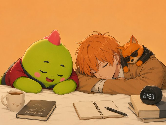 A cozy anime-style illustration showing a green cat-like creature, a sleeping orange-haired boy, and a small fox wearing sunglasses, all napping together with a 'Sleepagotchi' book, notebook, and a clock reading 22:30.