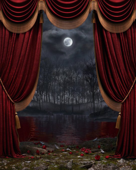 A theatrical scene with red curtains pulled back to reveal a dark, moonlit lake surrounded by bare trees and scattered red roses on the ground.