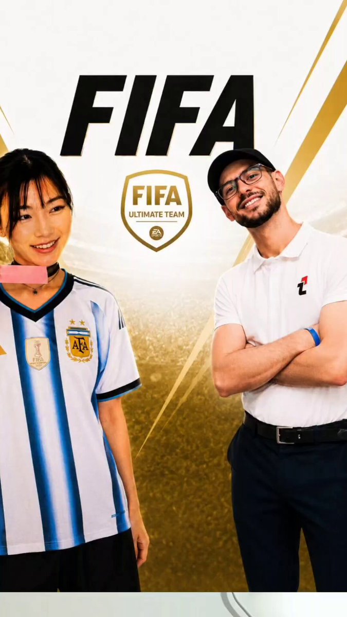 The image features two people standing next to each other with their arms crossed. They are both wearing soccer jerseys, which suggests that they might be soccer fans or players. The background of the image has a gold color, giving it an elegant appearance. The text "FIFA" is visible in the image as well. The post seems to be related to FIFA 2026 and possibly celebrates its partnership with AvaxTeam1.