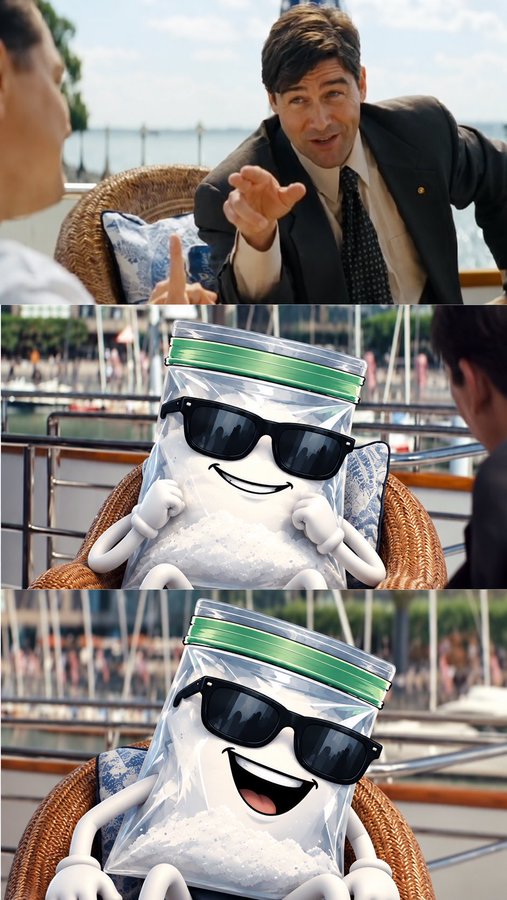 Two men in suits converse on an oceanfront terrace, followed by two shots of an animated anthropomorphic ziplock bag wearing sunglasses and lounging in a wicker chair, humorously personifying the "bag" referenced in the $BAG crypto promotion.