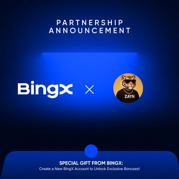 A partnership announcement graphic featuring the BingX logo alongside "ZAIN" branding, with text reading "PARTNERSHIP ANNOUNCEMENT" and "SPECIAL GIFT FROM BINGX: Create a New BingX Account to Unlock Exclusive Bonuses!" The image promotes a BingX deposit campaign tied to the "NO8JGK" referral code mentioned in the post.