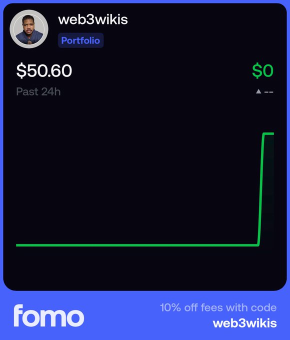 A portfolio performance card for user 'web3wikis' on the Fomo app, showing a sharp vertical spike in portfolio value ending at $50.60, with promo text '10% off fees with code web3wikis'.
