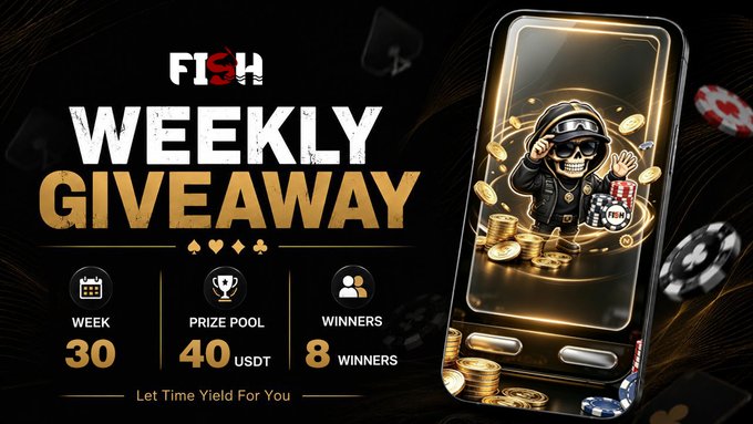 Advertisement for a Fish.io Weekly Giveaway in Week 30, offering a 40 USDT prize pool to 8 winners with the tagline 'Let Time Yield For You'.