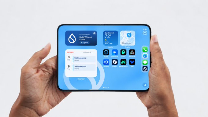 Two hands holding a foldable smartphone displaying a home screen with Sui Network weather widget, calendar, and various app icons.