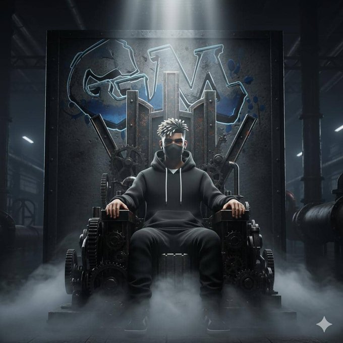 A digital artwork of a masked figure in a dark hoodie sitting on a throne made of gears with the word 'GANG' spray-painted in blue behind them.
