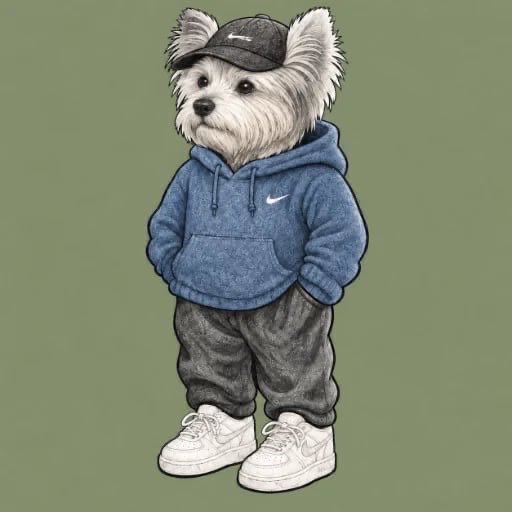 An illustration of a small white dog dressed in a blue Nike hoodie, gray sweatpants, white sneakers, and a black baseball cap against a green background.